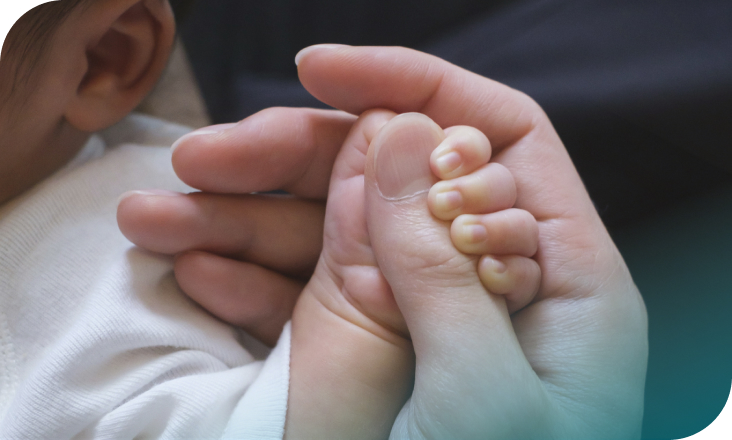 A baby and a parent's hand holding the baby's hand